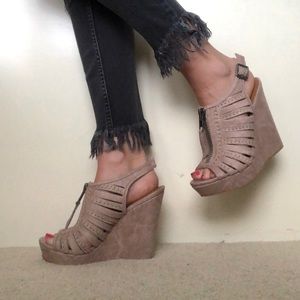 Tan wedge sandals (never worn)